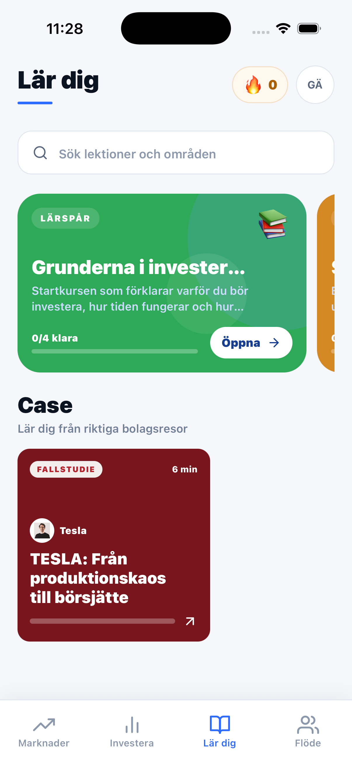 Investiqs svenska lärsida med lektioner och ett Tesla-fall